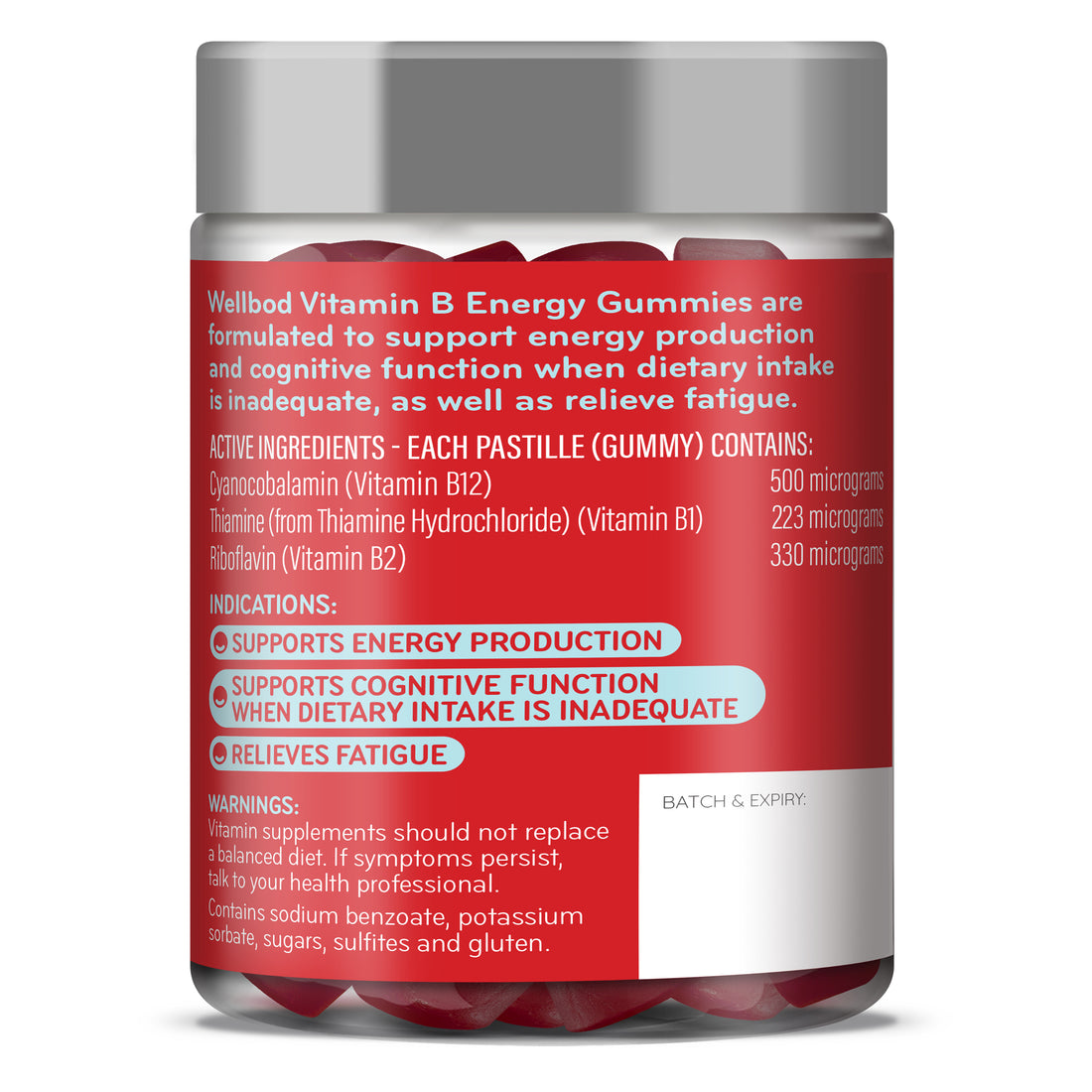 WellBod Vitamin B Energy Gummies are formulated to support energy production and cognitive function when dietary intake is inadequate, as well as relieve fatigue.